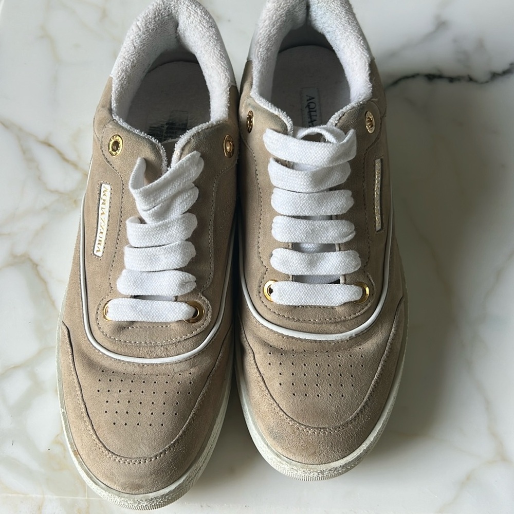 Aquazzura Taupe Suede Sneakers with White Trim and Gold Hardware
